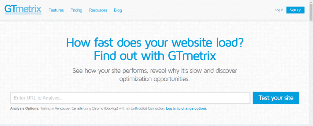 Captura de pantalla de página principal de GT Metrix