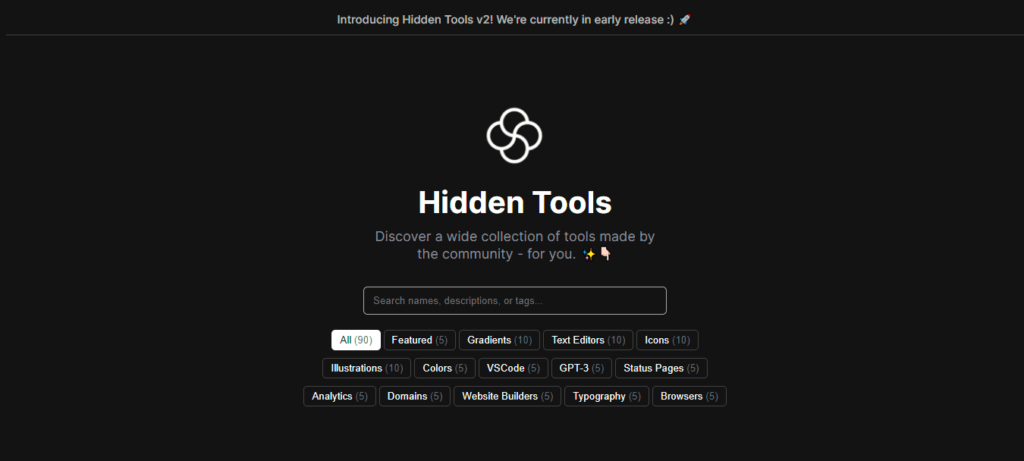 Hidden Tools main page, library of resources for web developers