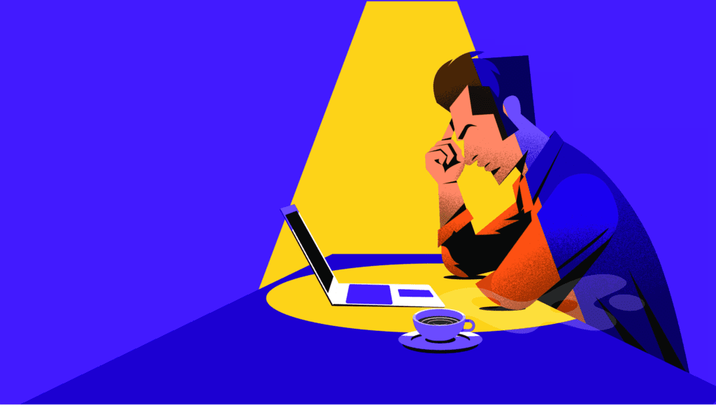 Vector ilustración, hombre trabajando en laptop con café