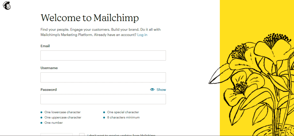 página de creación de usuario de Mailchimp